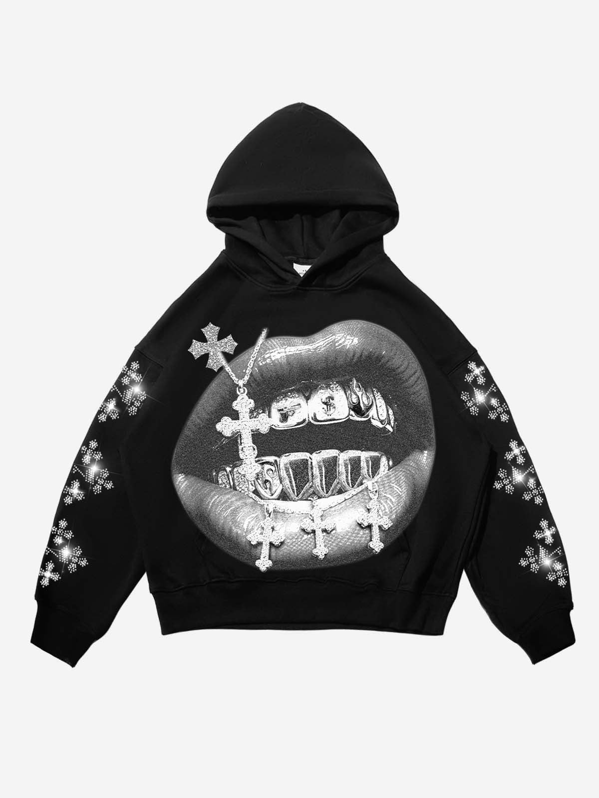 Cross Vintage Grills Black Sleeve Hot-Drill Print Hoodie