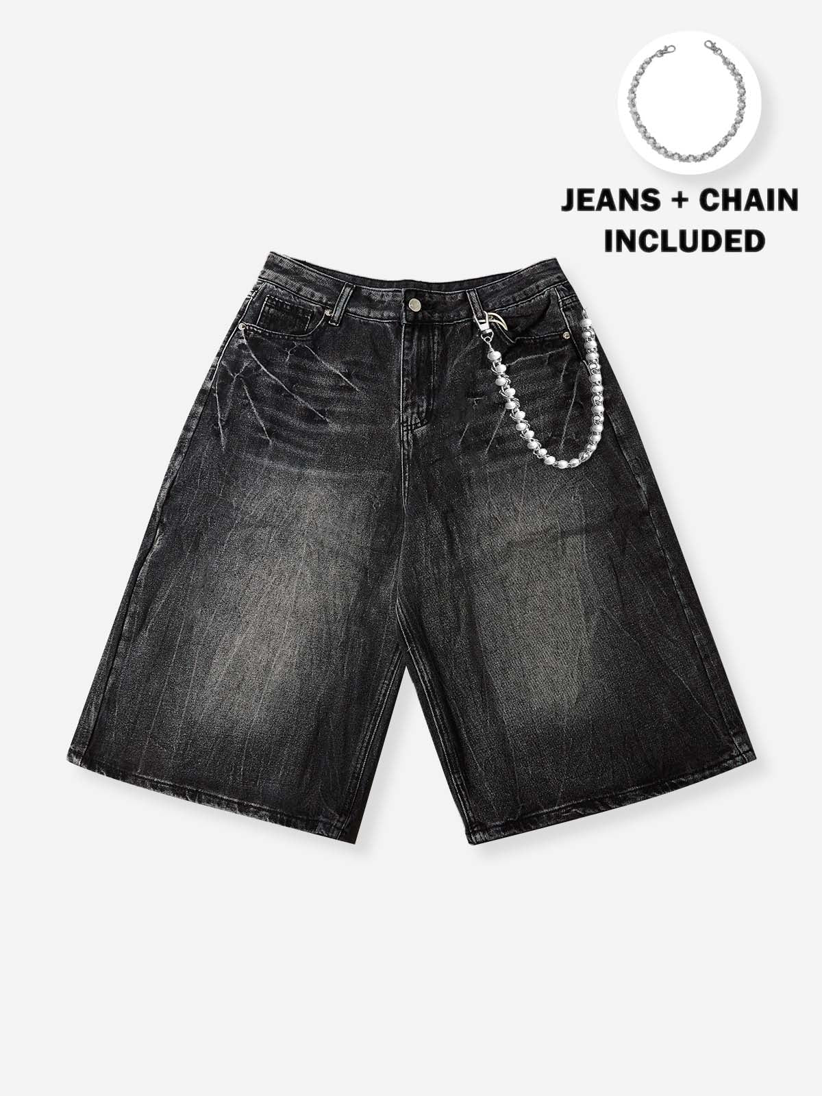NOISSEY Vintage Distressed Denim Shorts with DIY Pearl Chain - Onyx Black & Heritage Blue