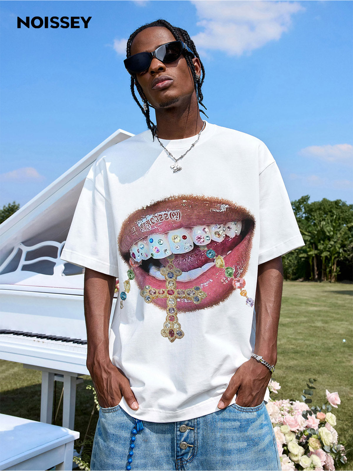 High-Quality Diamond Teeth Cross Print 350g T-Shirt