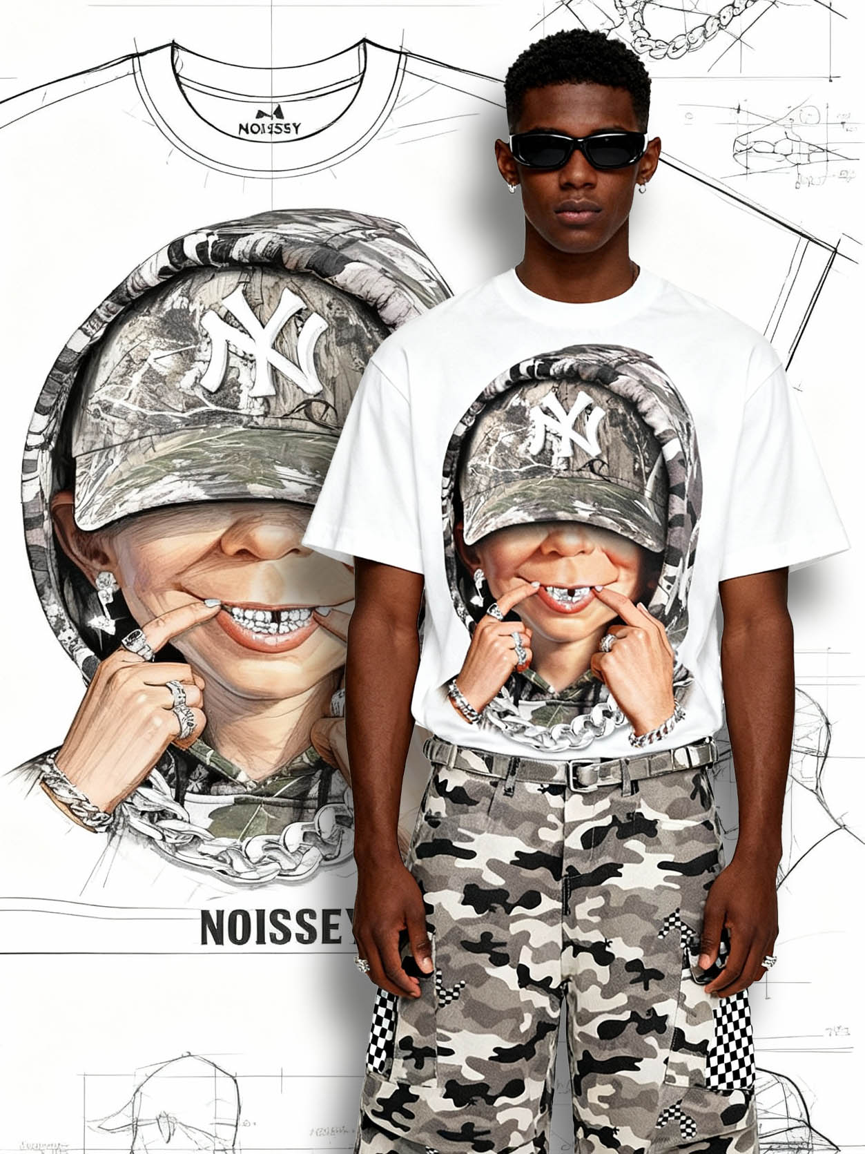 Bad boy with tree-pattern camouflage hood print T-shirt