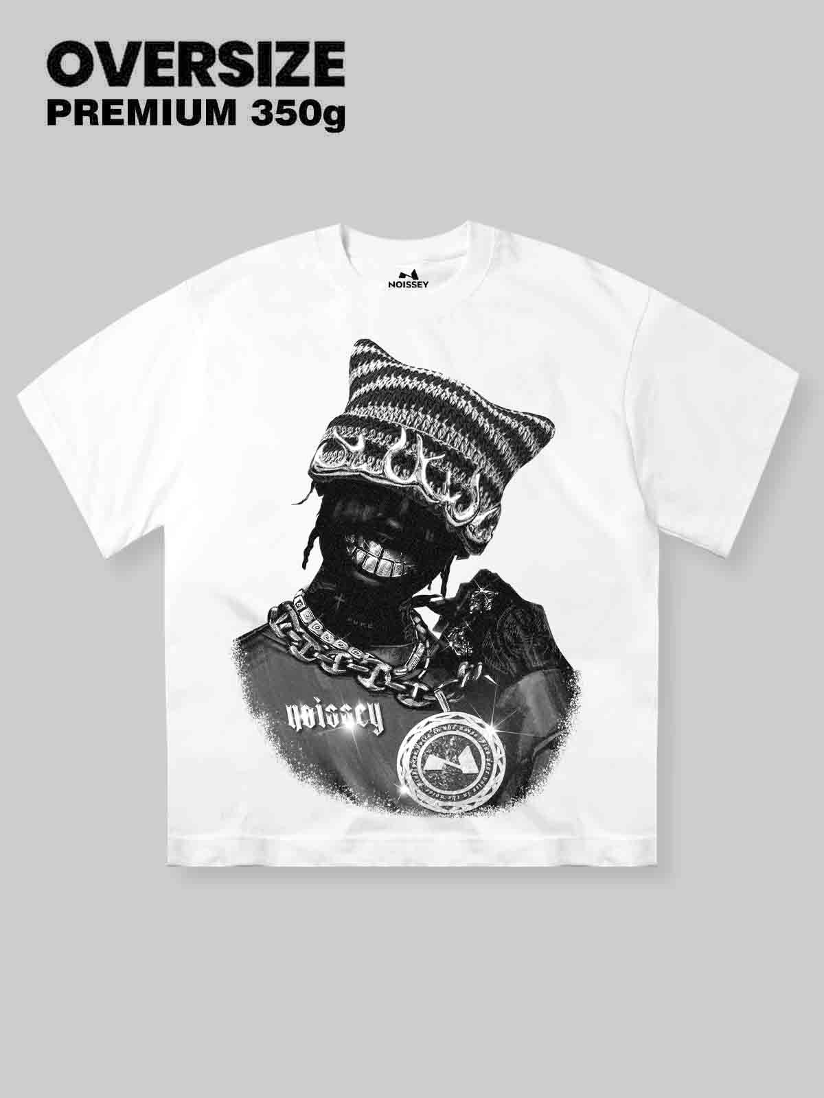 High quality Black-and-White Artistic Rapper Cat Hat Print 350g T-shirt