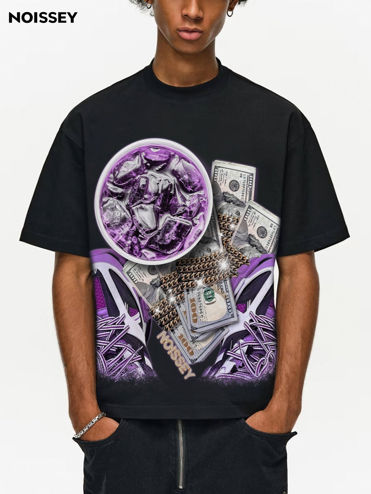 Boxy oversized T-shirt with looking down at my money and drink print
