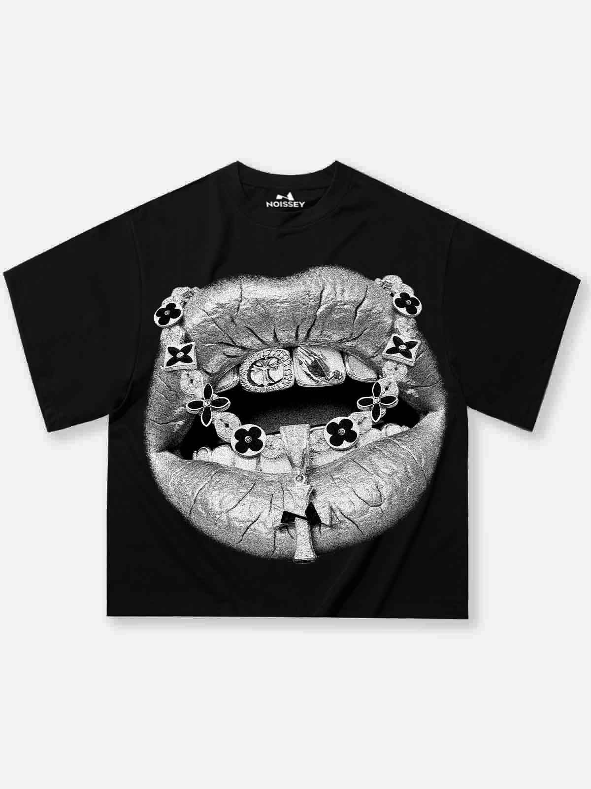 Boxy oversized T-shirt with black-white retro cross and lip print