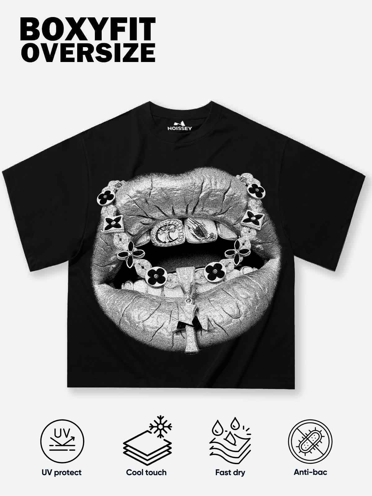 Boxy oversized T-shirt with black-white retro cross and lip print