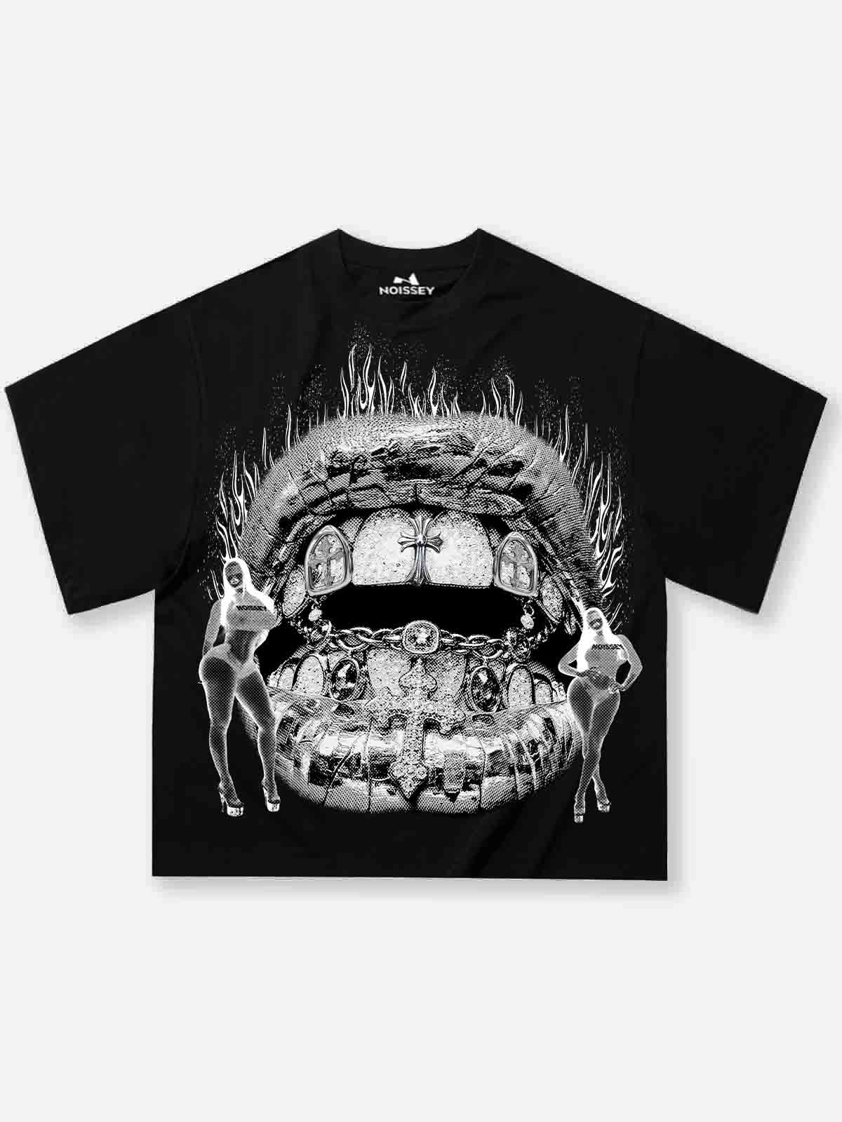 Boxy oversized T-shirt with Black-and-White Negative Burning Lips Print