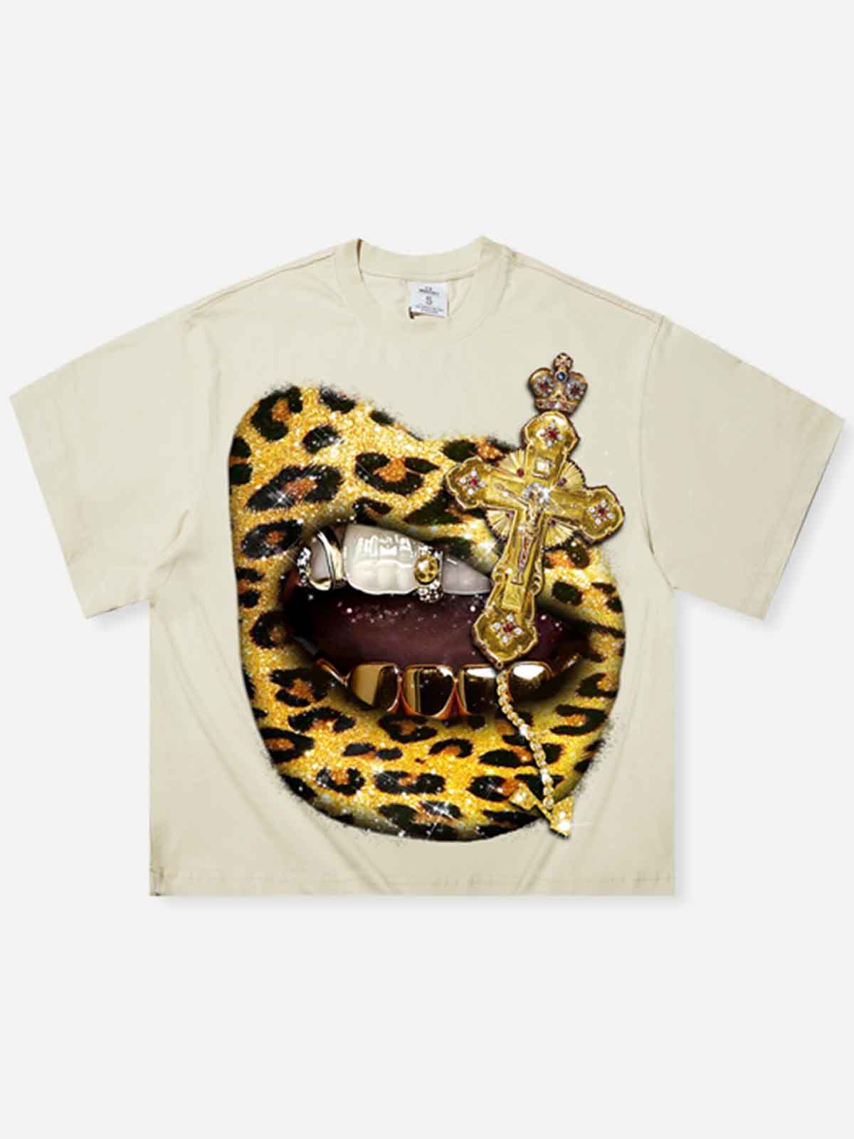 Boxy Oversized Beige T-shirt with Gold Glitter Leopard Lip Print