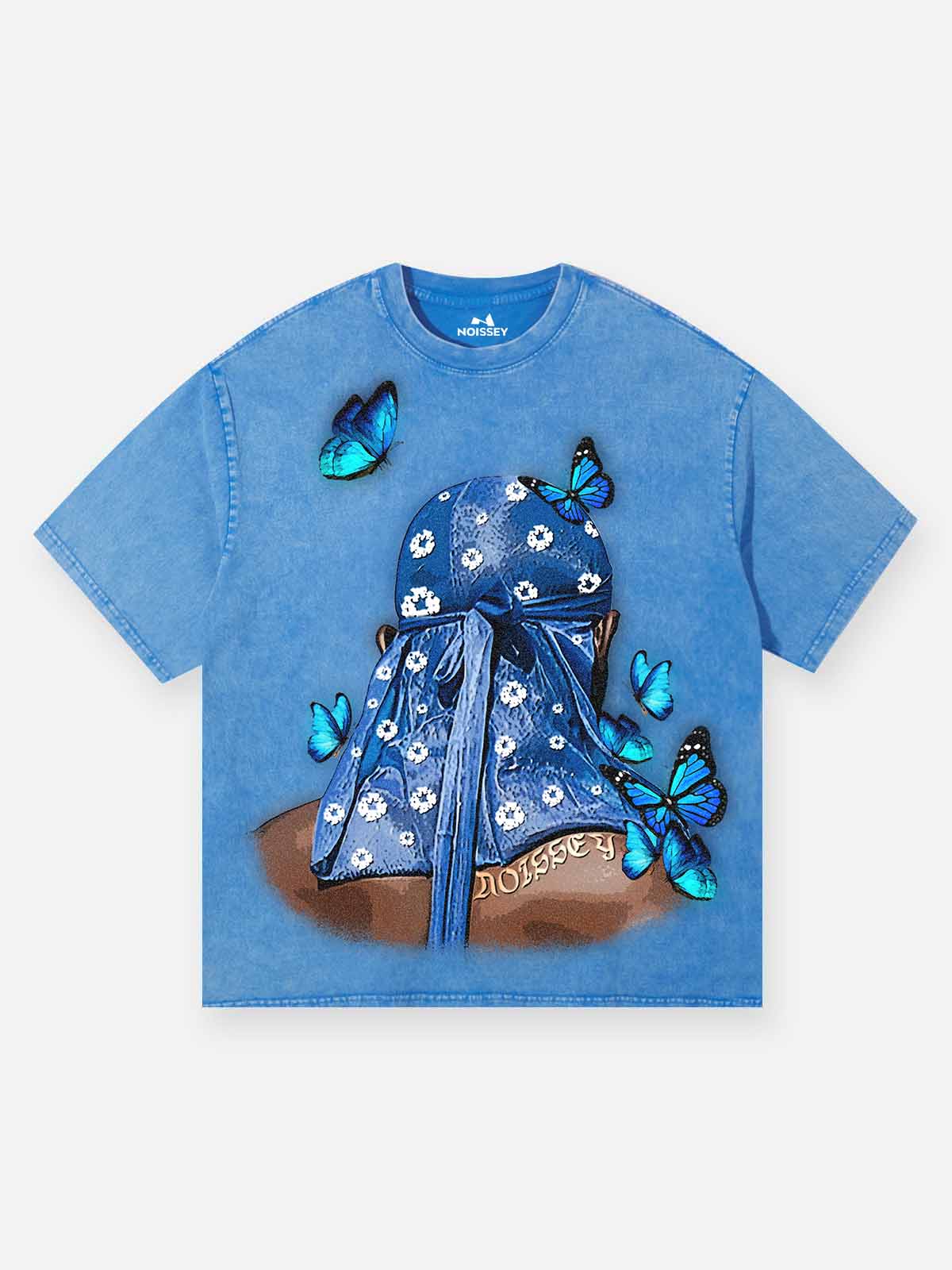 Oil Painting Style Blue Headscarf Wash Print T-shirt