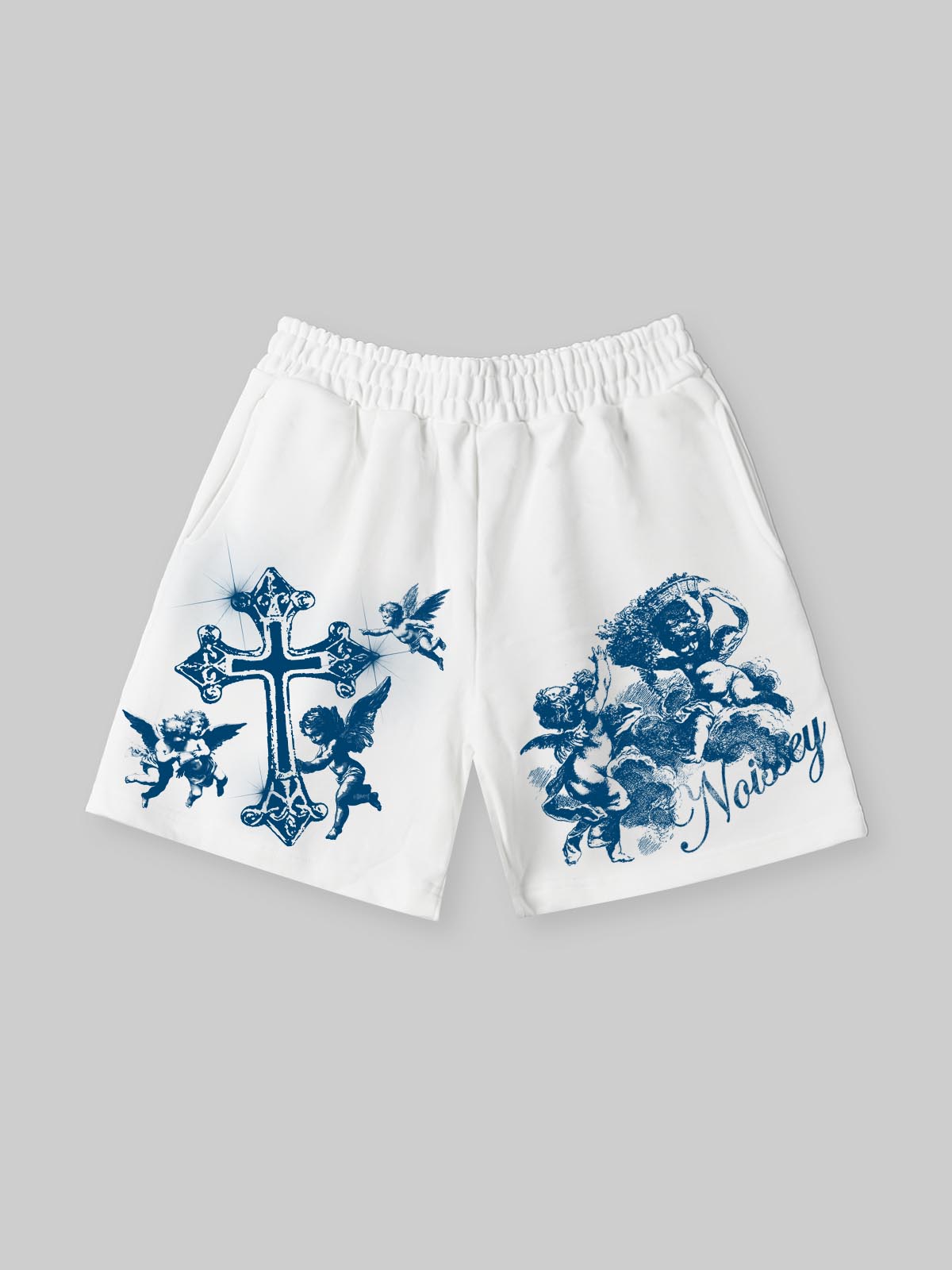 NOISSEY "Blue Angel" Cross & Cherub Graphic Heavyweight Slim-Fit Shorts - Pure White
