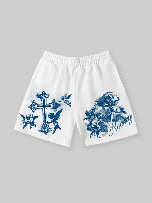NOISSEY "Blue Angel" Cross & Cherub Graphic Heavyweight Slim-Fit Shorts - Pure White