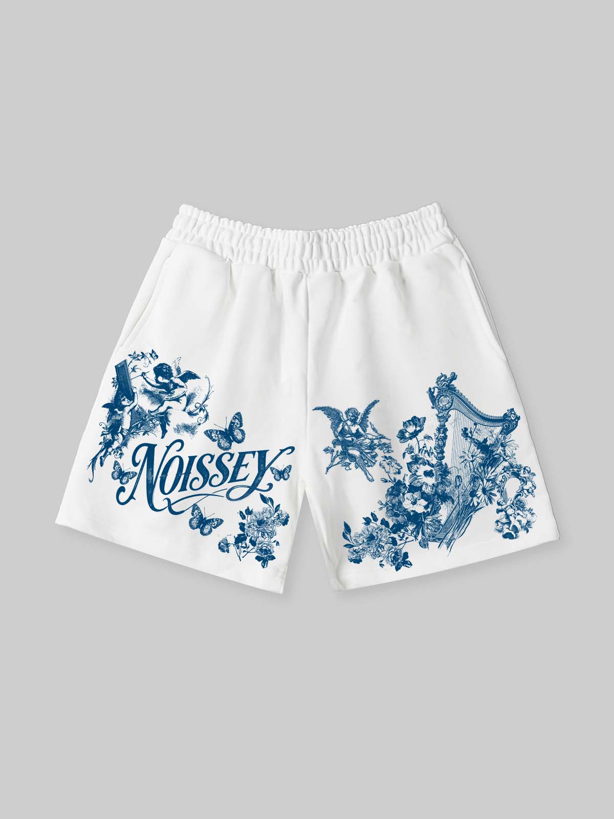 NOISSEY "Heavenly Garden" Blue Angel & Floral Art Print White Wide-Leg Shorts