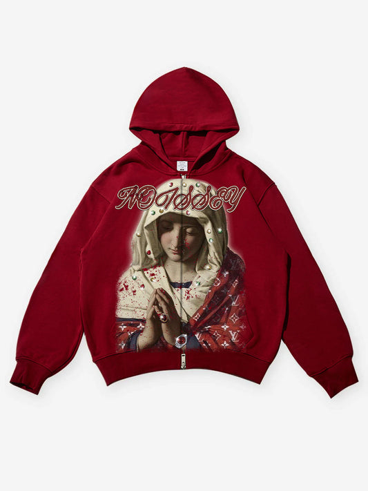 The Virgin Mary and Her Diamond-Robed Print Red Hoodie