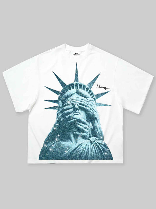 Boxy Oversized T-Shirt with Glittering Statue of Liberty Print
