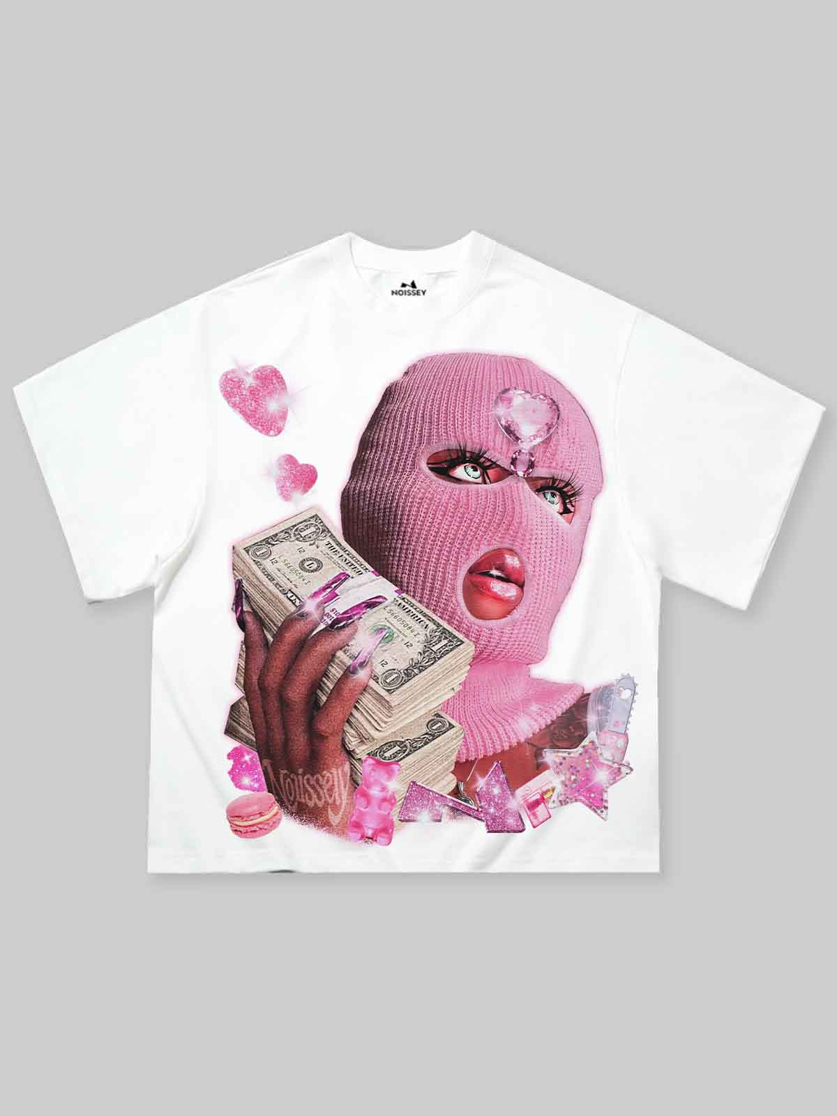 NOISSEY "Balaclava Pink Trap Girl" Tee - Clean White 255G Heavyweight Boxy Oversized Money Graphic T-Shirt