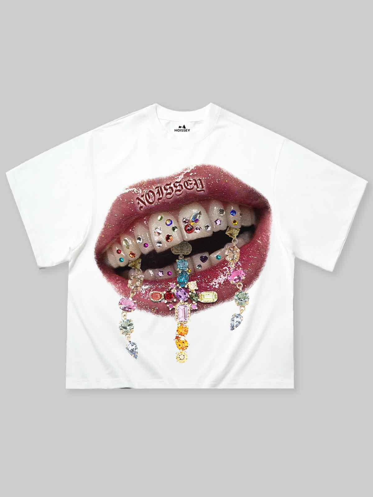 Boxy Oversized T-shirt Colorful Rhinestone Cross Art Tooth Decal Print