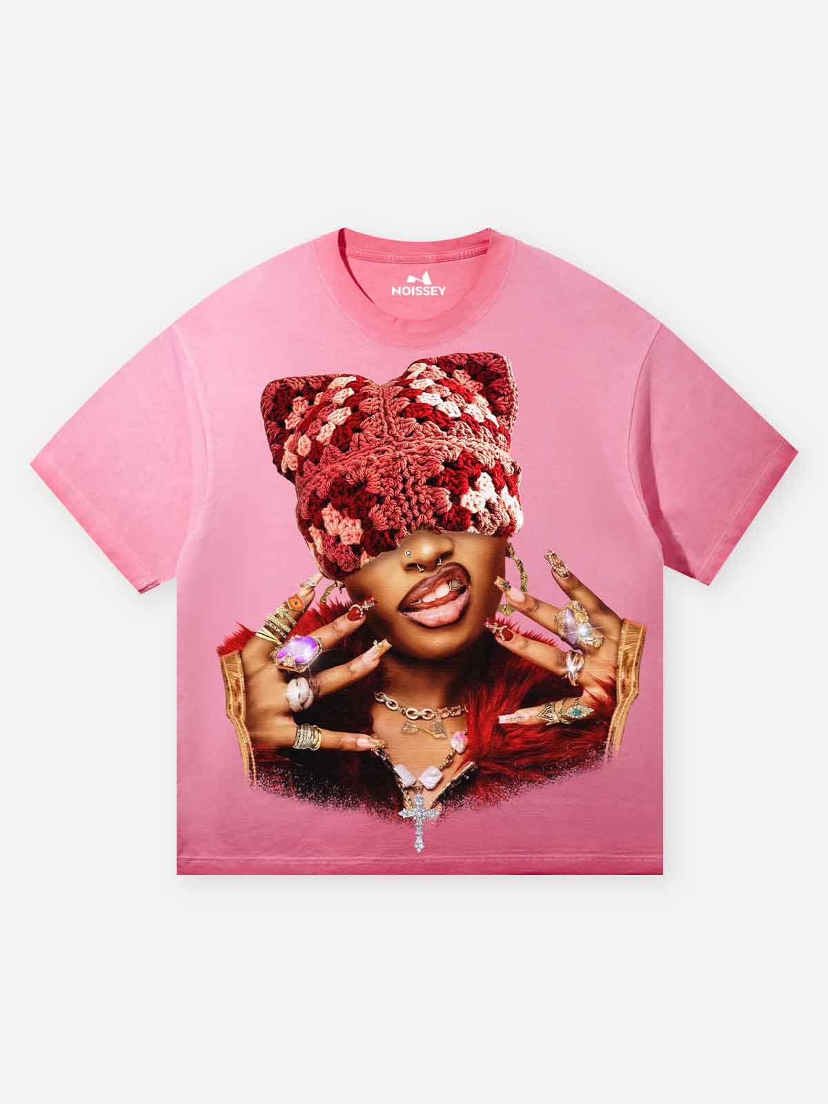 Rich Girl Cat-ear Hat Gradient Pink Washed Print T-shirt