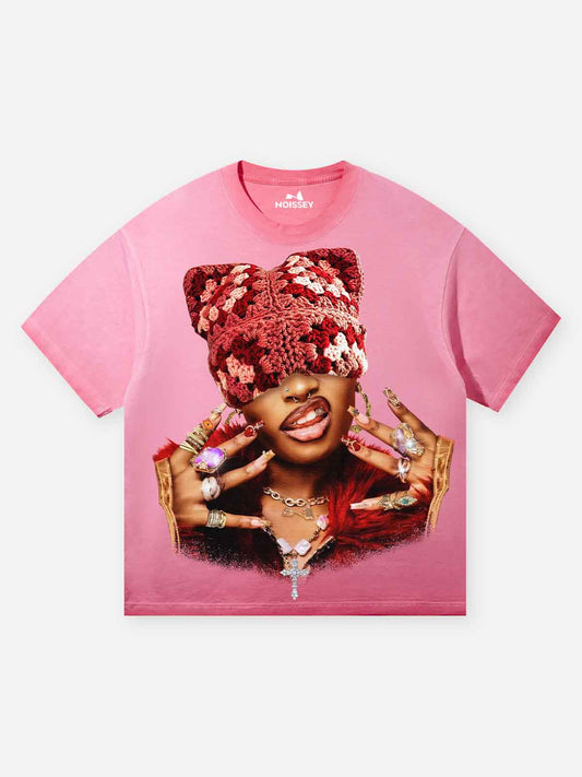 Rich Girl Cat-ear Hat Gradient Pink Washed Print T-shirt