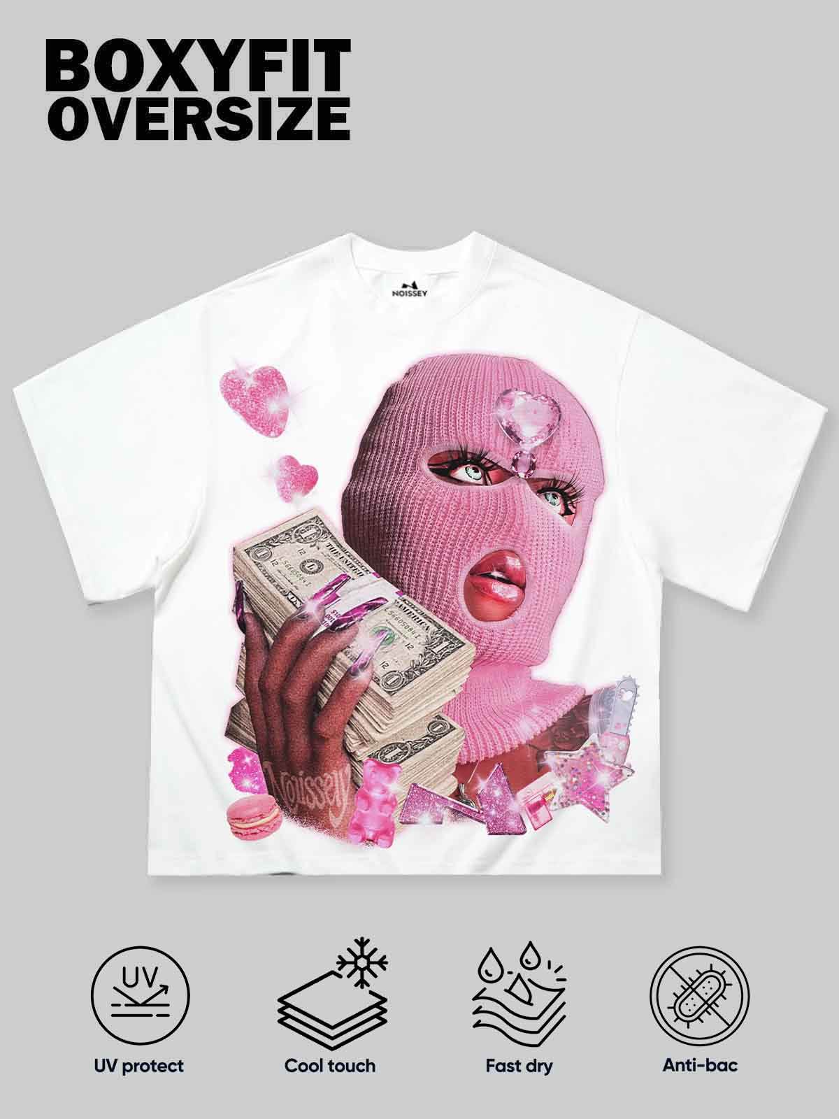 NOISSEY "Balaclava Pink Trap Girl" Tee - Clean White 255G Heavyweight Boxy Oversized Money Graphic T-Shirt