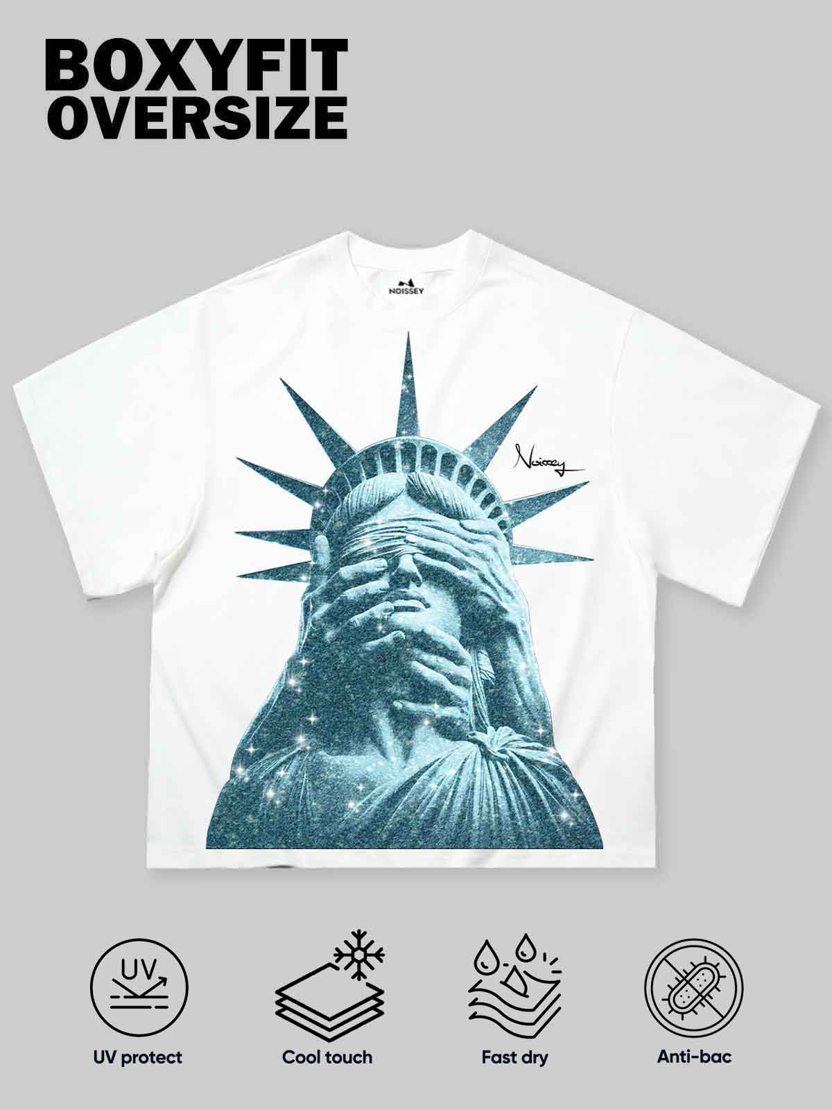Boxy Oversized T-Shirt with Glittering Statue of Liberty Print