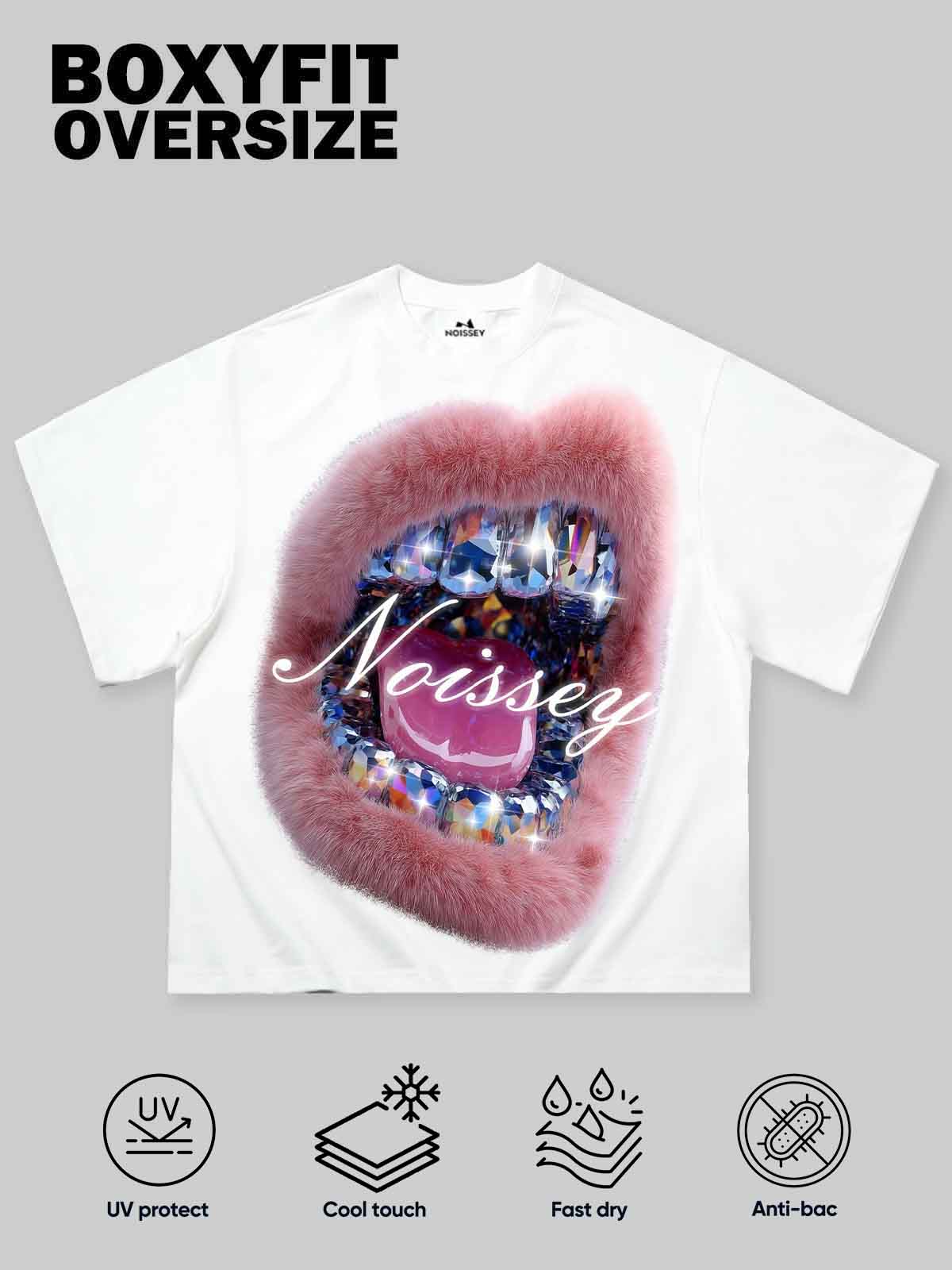 Boxy Oversized T-Shirt with Artistic Diamond Plush Lip Print