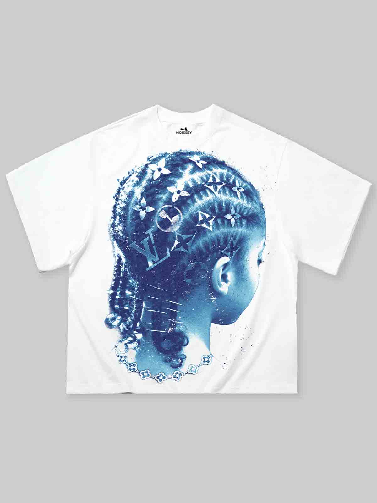 Blue Sun Print Retro Girl Braids Art Print Boxy Oversized T-shirt