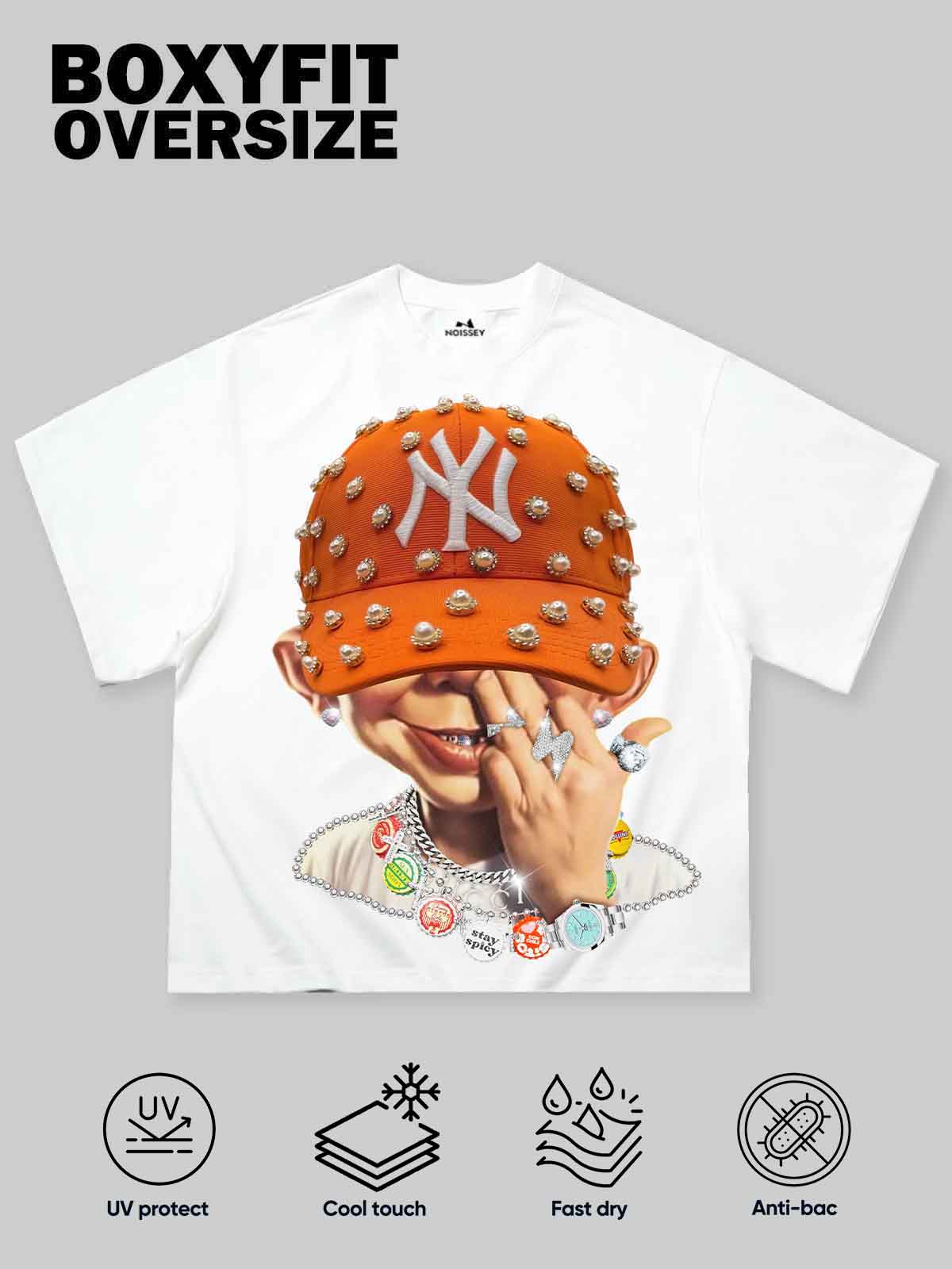 Boxy Oversized T-shirt Bad Boy with Orange Pearl Hat Print