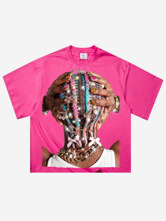 Dopamine-Colored Artistic Braided Boxy Oversized T-Shirt