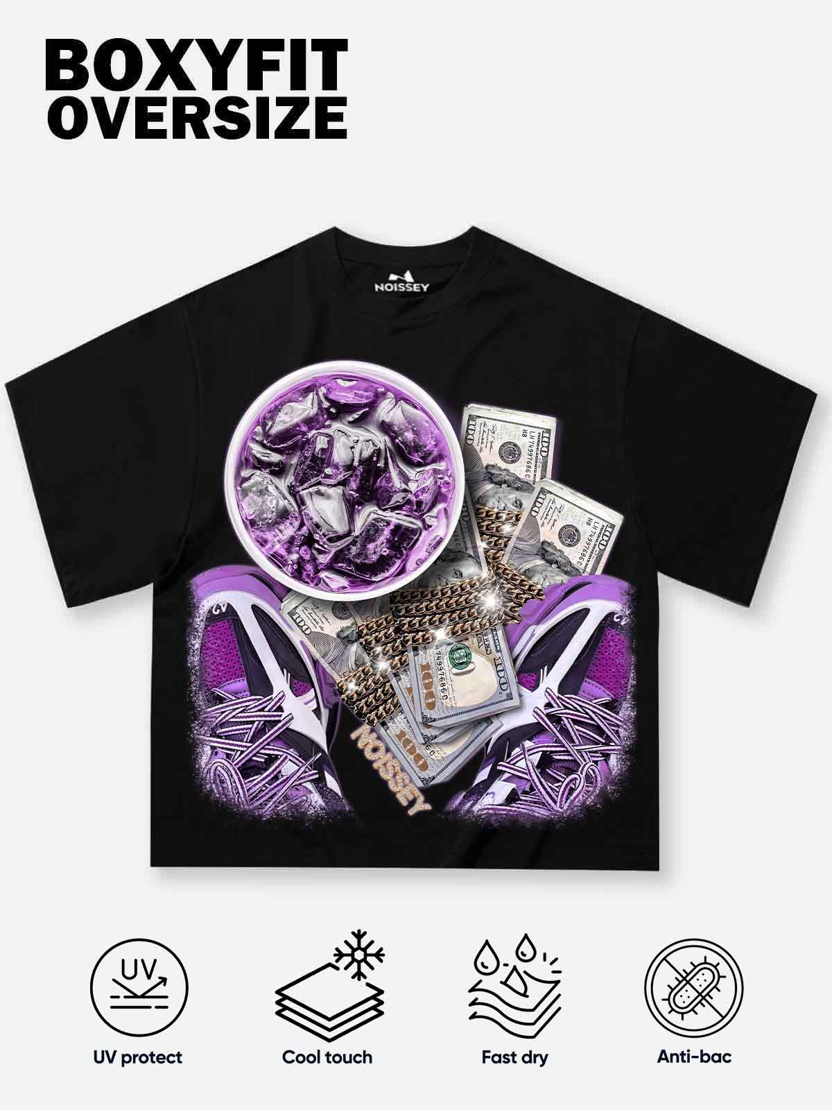 Boxy oversized T-shirt with looking down at my money and drink print