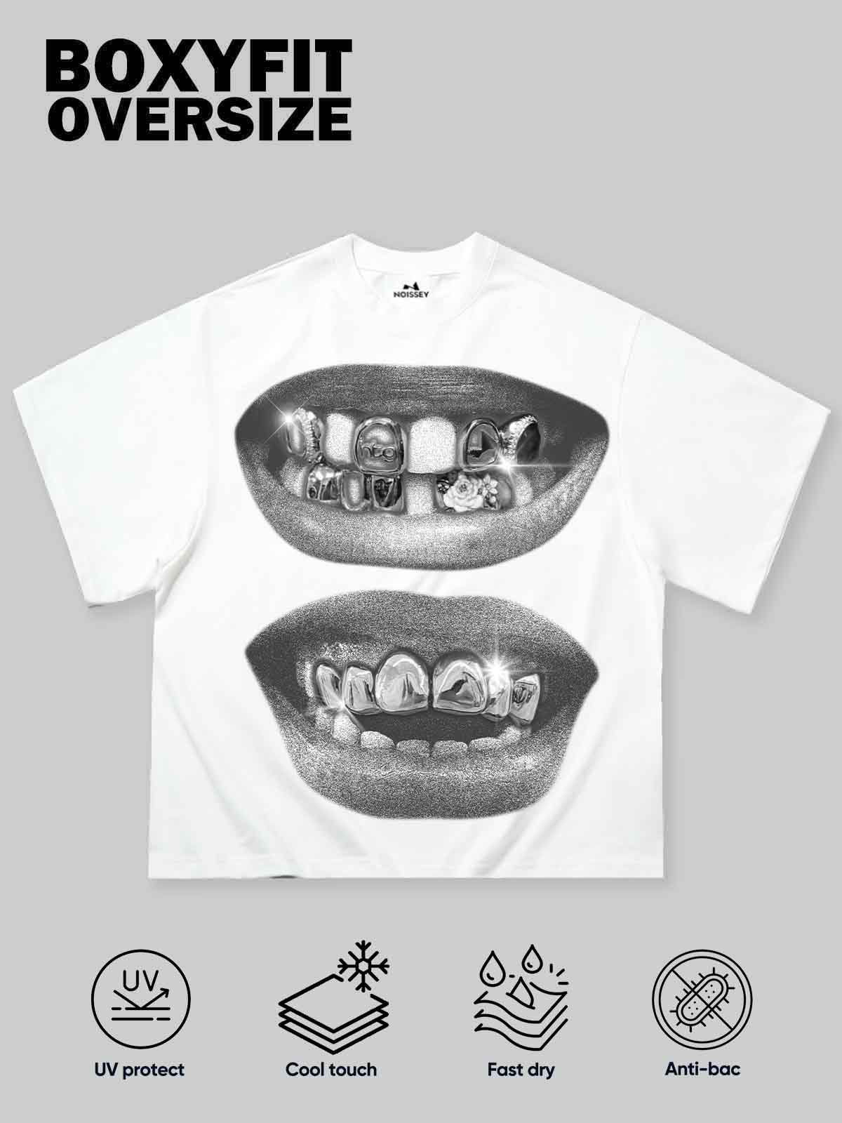 Boxy oversized T-shirt Retro Black Lips Grills Print