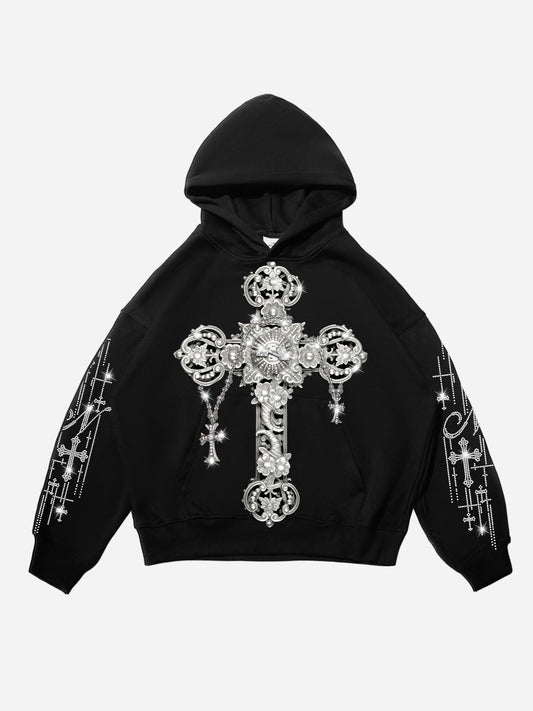 Silver Metal Diamond Cross Tech Fabric Hoodie