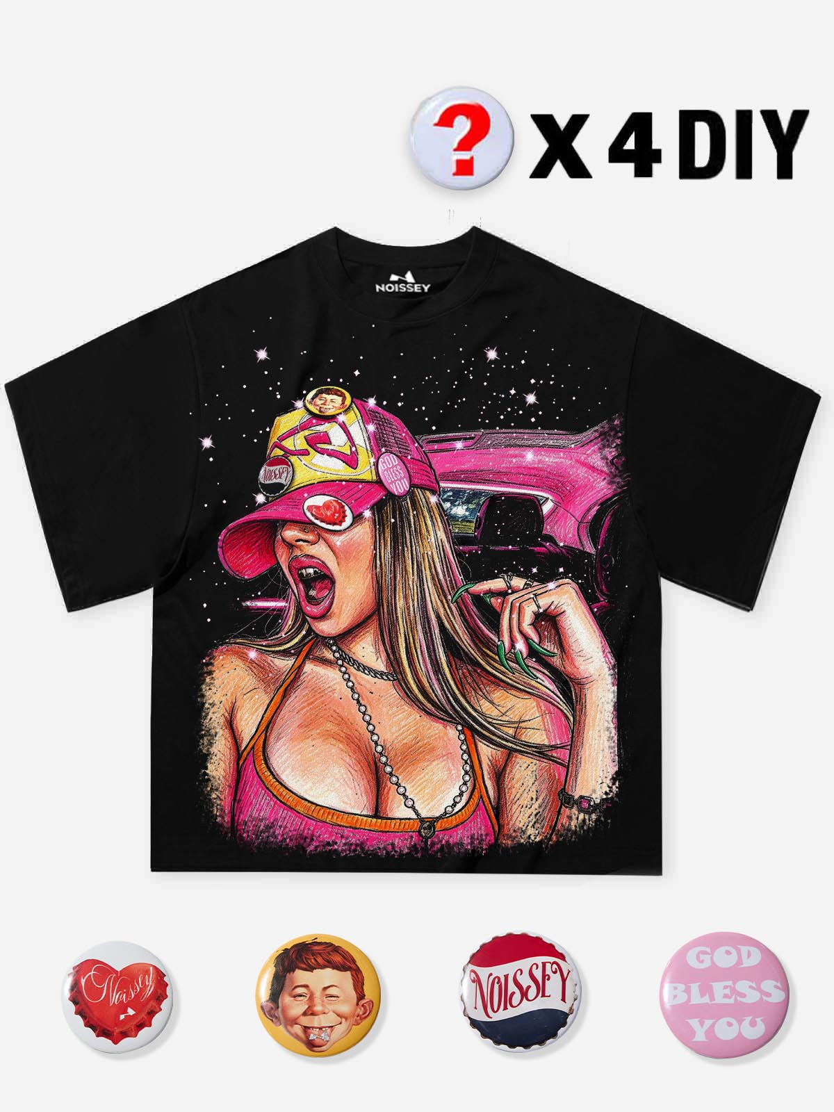 NOISSEY "Starlit Girl" American Illustration DIY Boxy Tee - Onyx Black