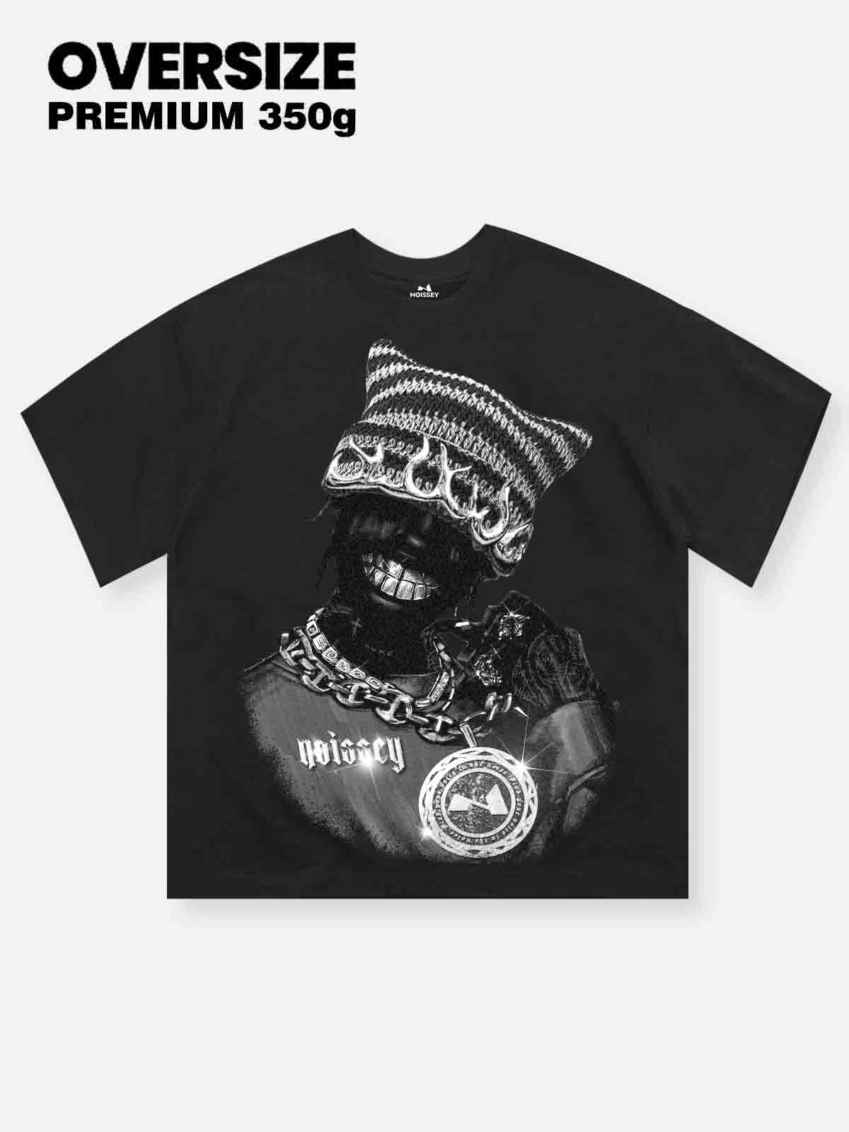 High quality Black-and-White Artistic Rapper Cat Hat Print 350g T-shirt
