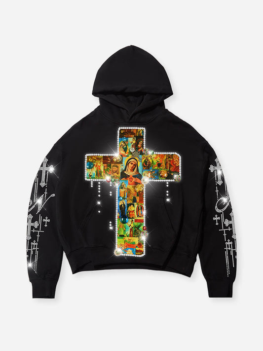Diamond-Embellished Religious Cross Tech Fabric Hoodie