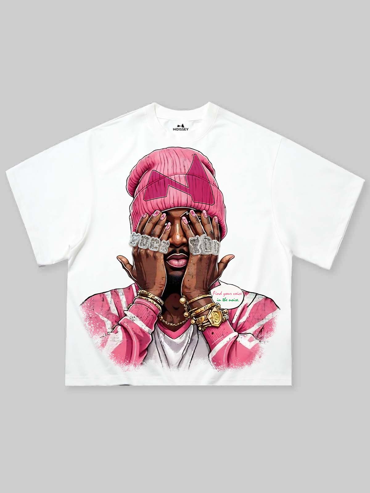 Boxy Oversized T-shirt with Noissey Logo and Pink Beanie Comic Print