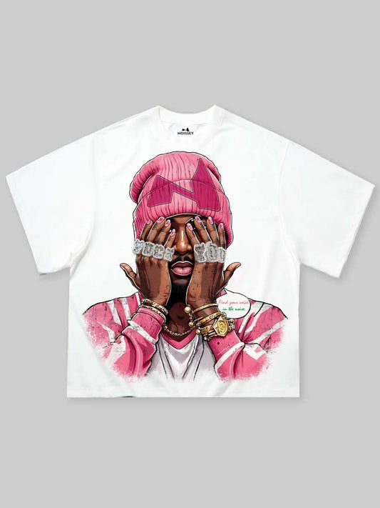 Boxy Oversized T-shirt with Noissey Logo and Pink Beanie Comic Print