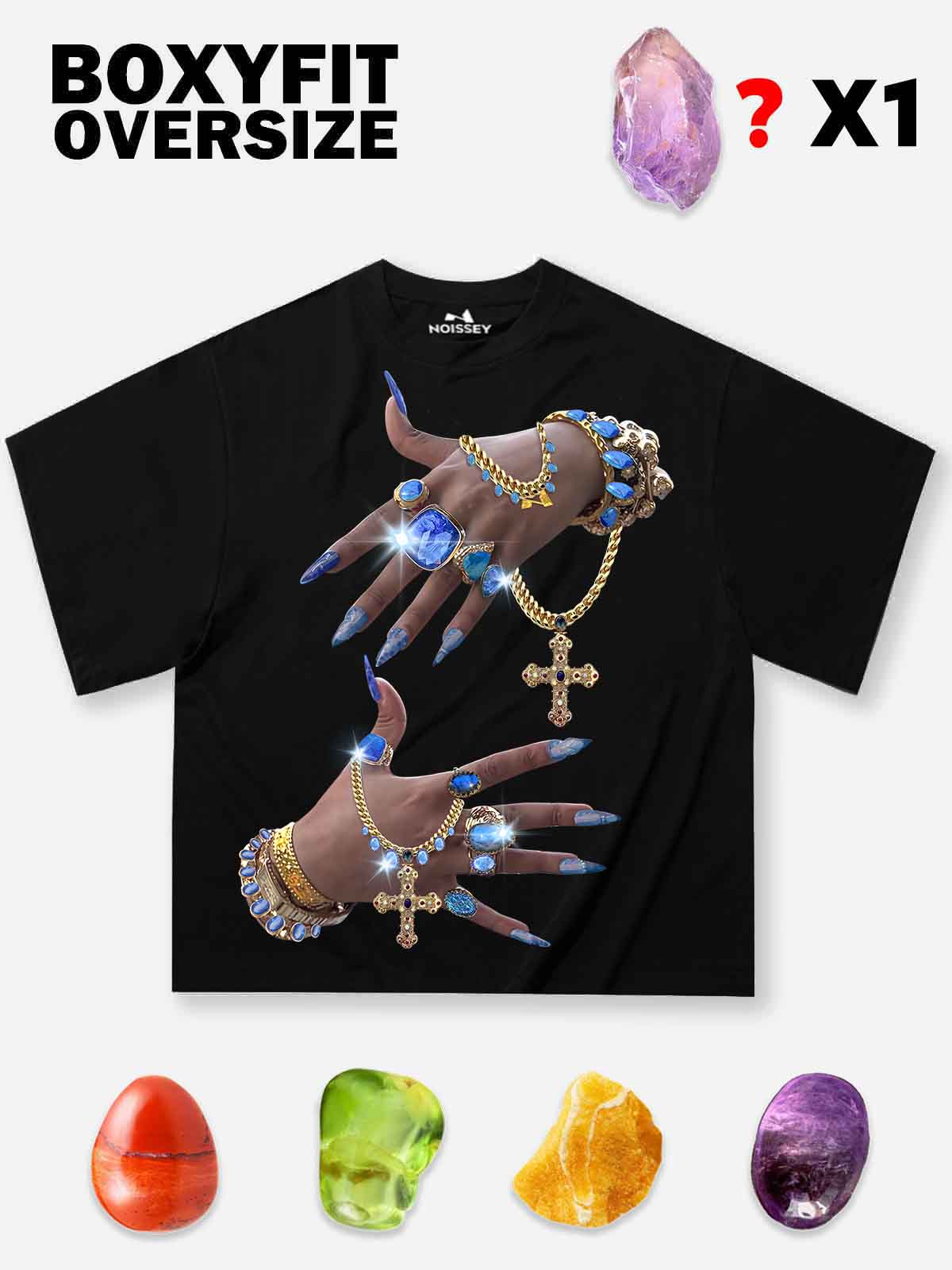 Blue Gem and Nail Art Print Boxy Oversized T-Shirt