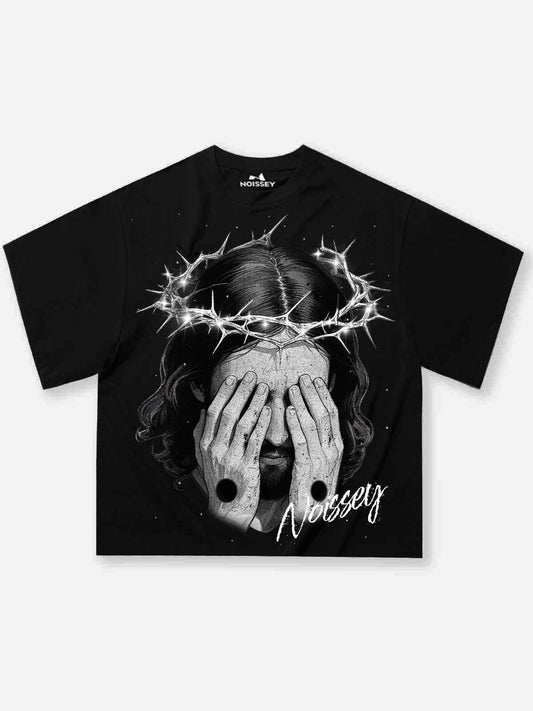 Boxy oversized T-shirt with black-white retro covering-face Jesus print