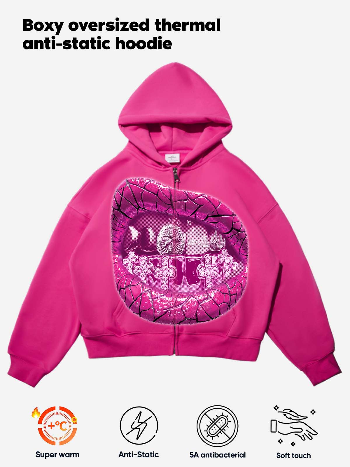 Pink Retro Sparkling Diamond Pink Grills Warm Print Hoodie