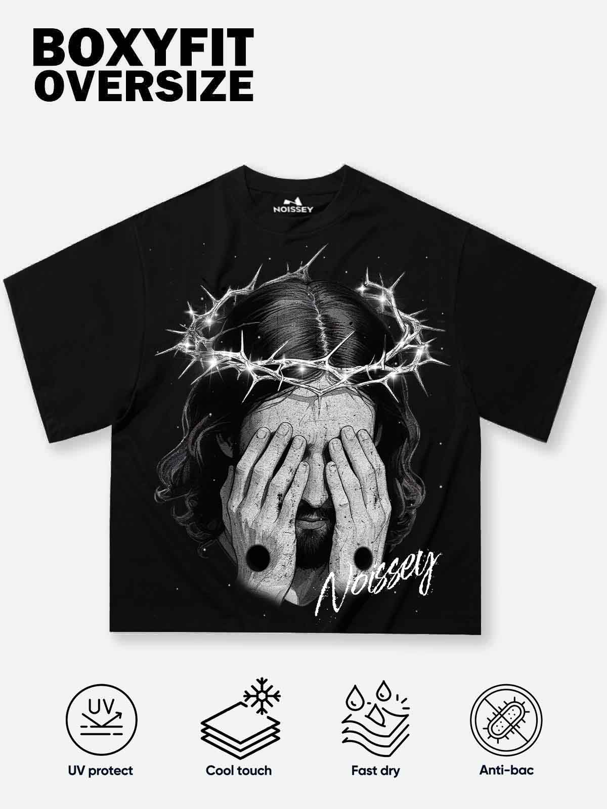 Boxy oversized T-shirt with black-white retro covering-face Jesus print