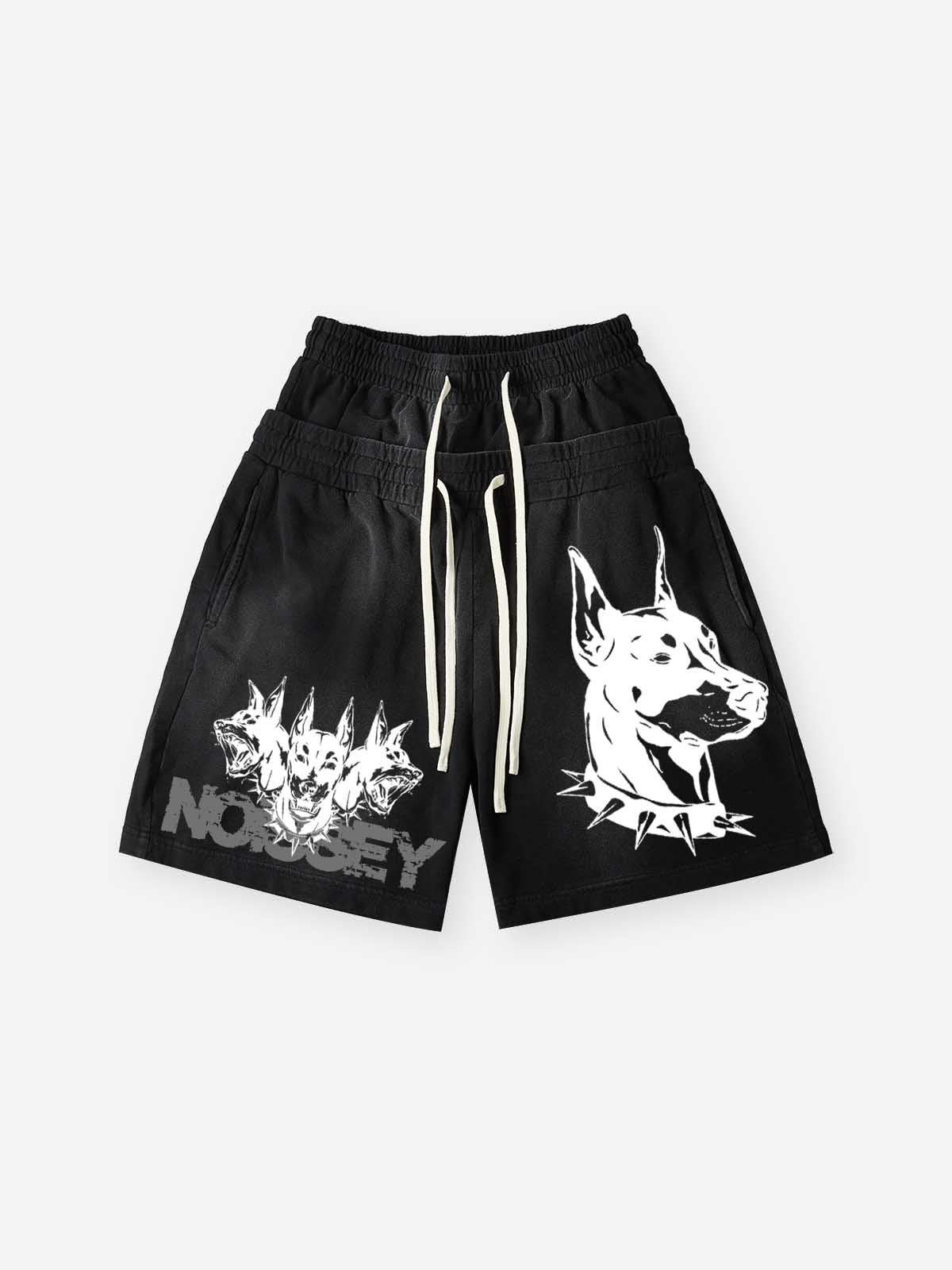 NOISSEY TRIPLE-HEADED DOBERMAN VINTAGE DISTRESSED SWEAT SHORTS