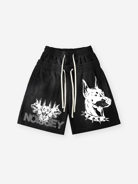 NOISSEY TRIPLE-HEADED DOBERMAN VINTAGE DISTRESSED SWEAT SHORTS