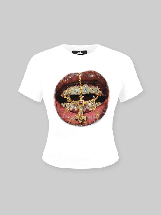 Baby Tee - Golden Cross Diamond Patch Grills Print T-shirt