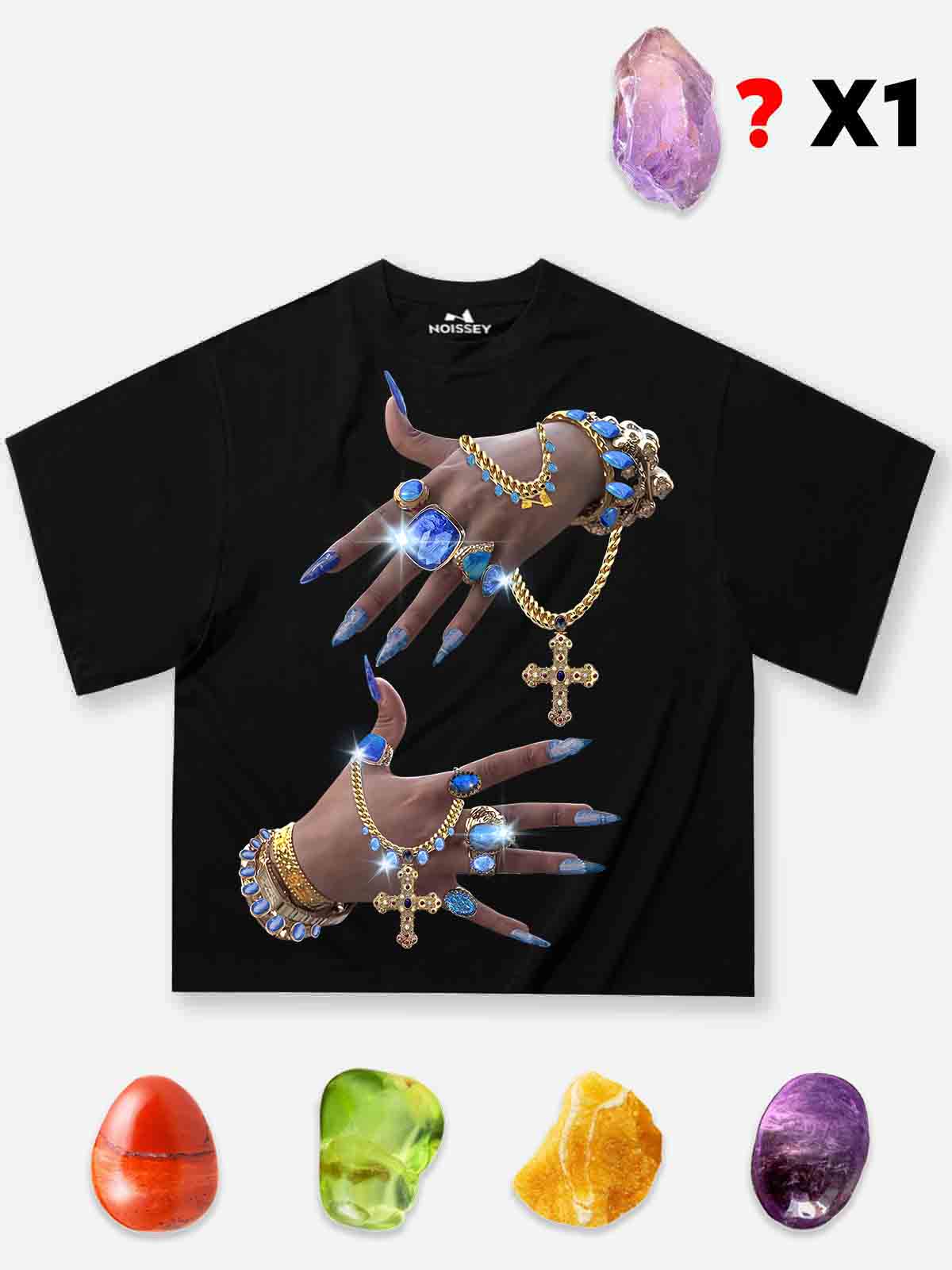 Blue Gem and Nail Art Print Boxy Oversized T-Shirt