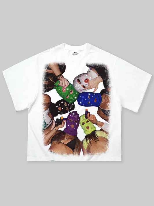 Boxy Oversized T-shirt with Colorful Balaclava Girls Print