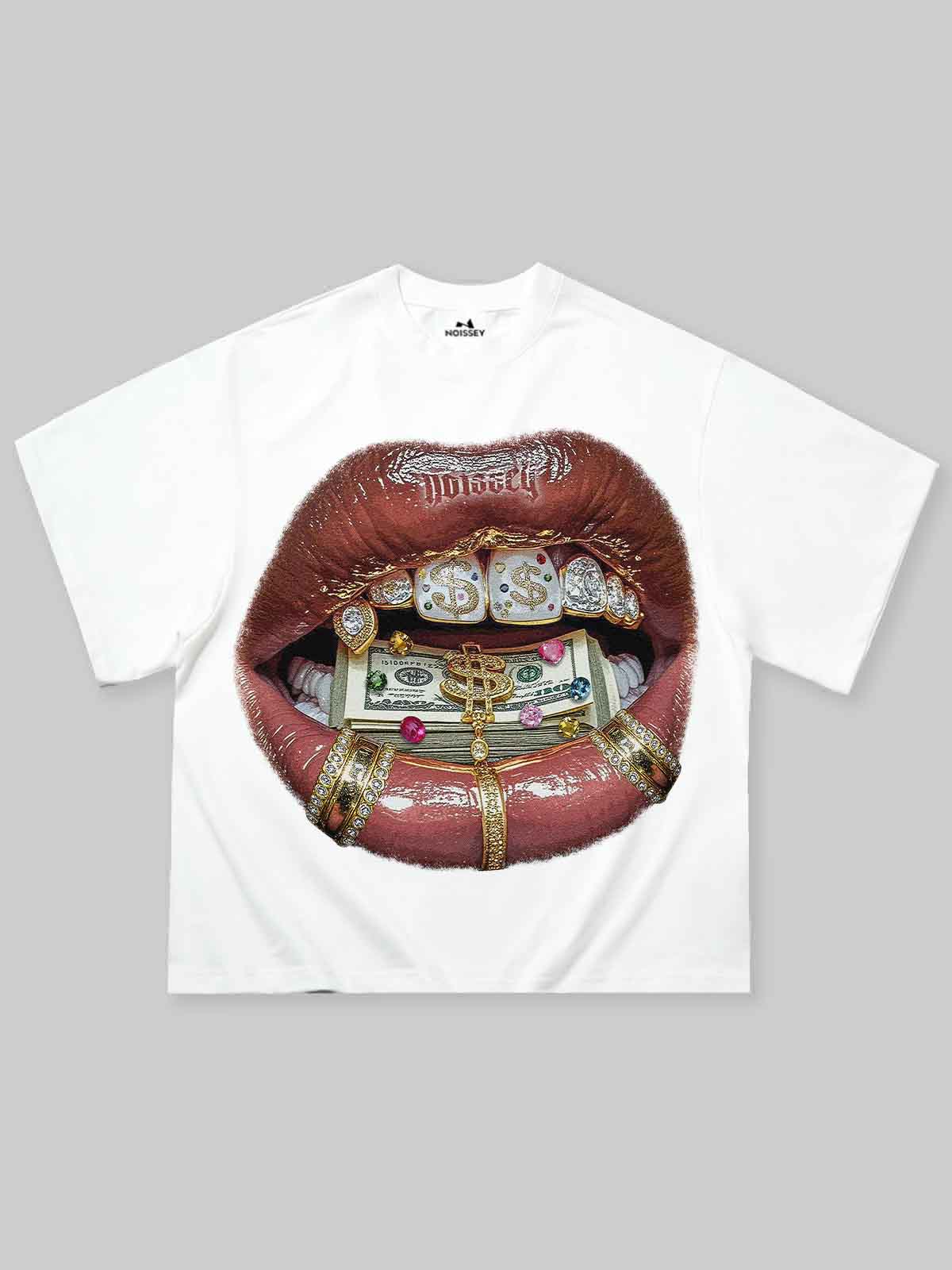 Boxy Oversized T-shirt with Money-Embedded Lips Print