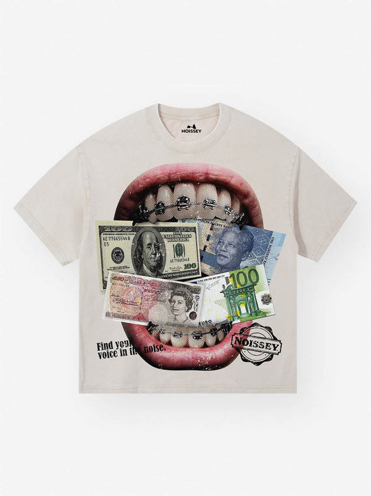 Money-Biting Lips Washed Print T-shirt