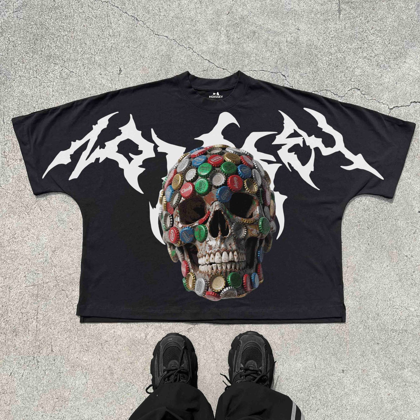 Oversized Batwing T-shirt Wild Bottle Cap Skull Collage Print