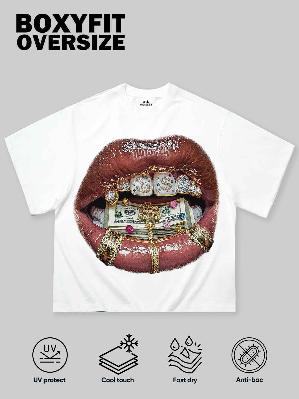 Boxy Oversized T-shirt with Money-Embedded Lips Print