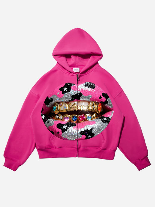 Y2K Dopamine Color Camouflage Grillz Pink Warm Boxy Hoodie