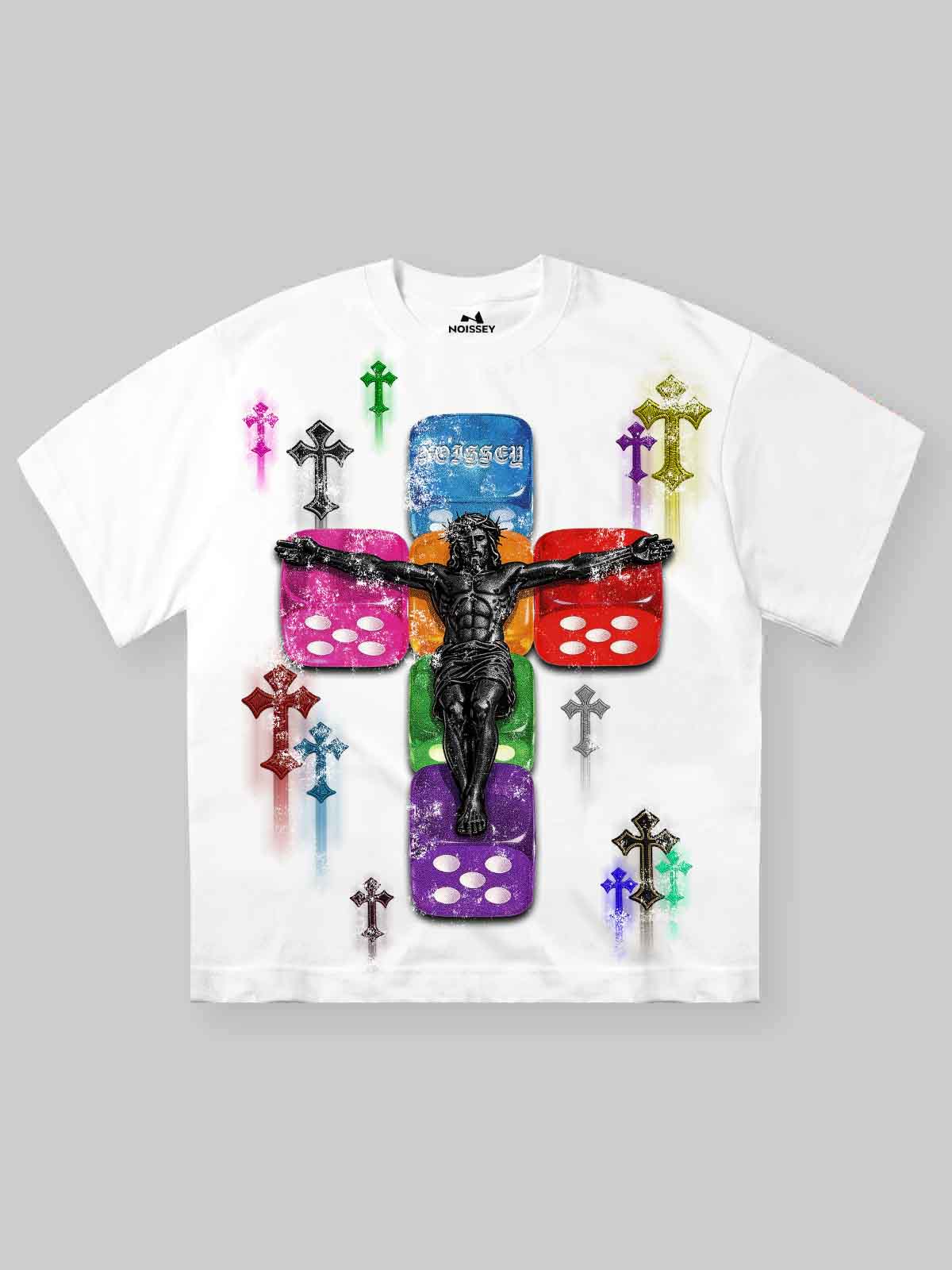 NOISSEY "DIVINE GAMBLE" RAINBOW DICE & JESUS ARTWORK T-SHIRT