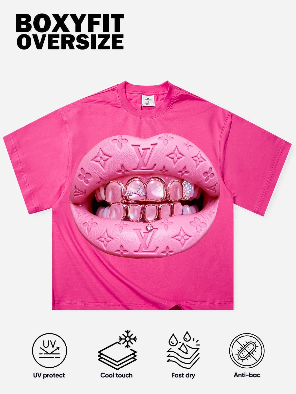 Leather Cat's Eye Grillz Print Pink Boxy Oversized T-shirt